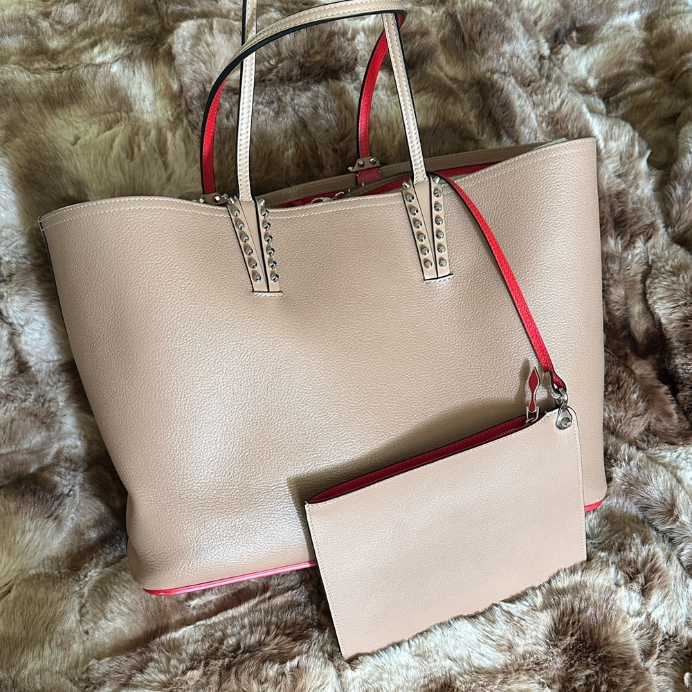 Beige Tote Bag with Red Trim - Women's Handbag
